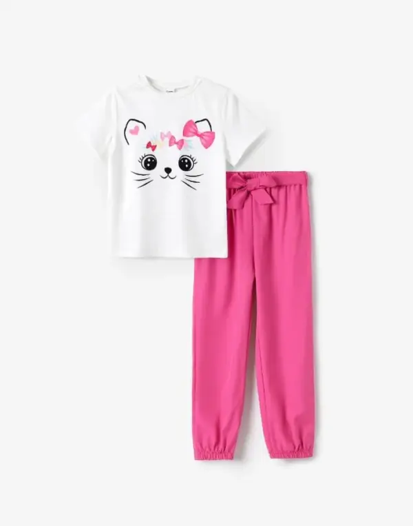 Cute Cat White Pink tshirt pajama set for Girls